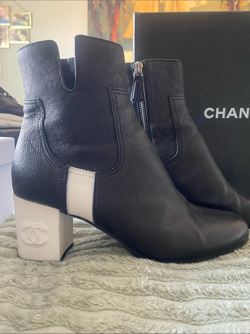 CHANEL Black Leather Ankle Boots with Cream Block Heel